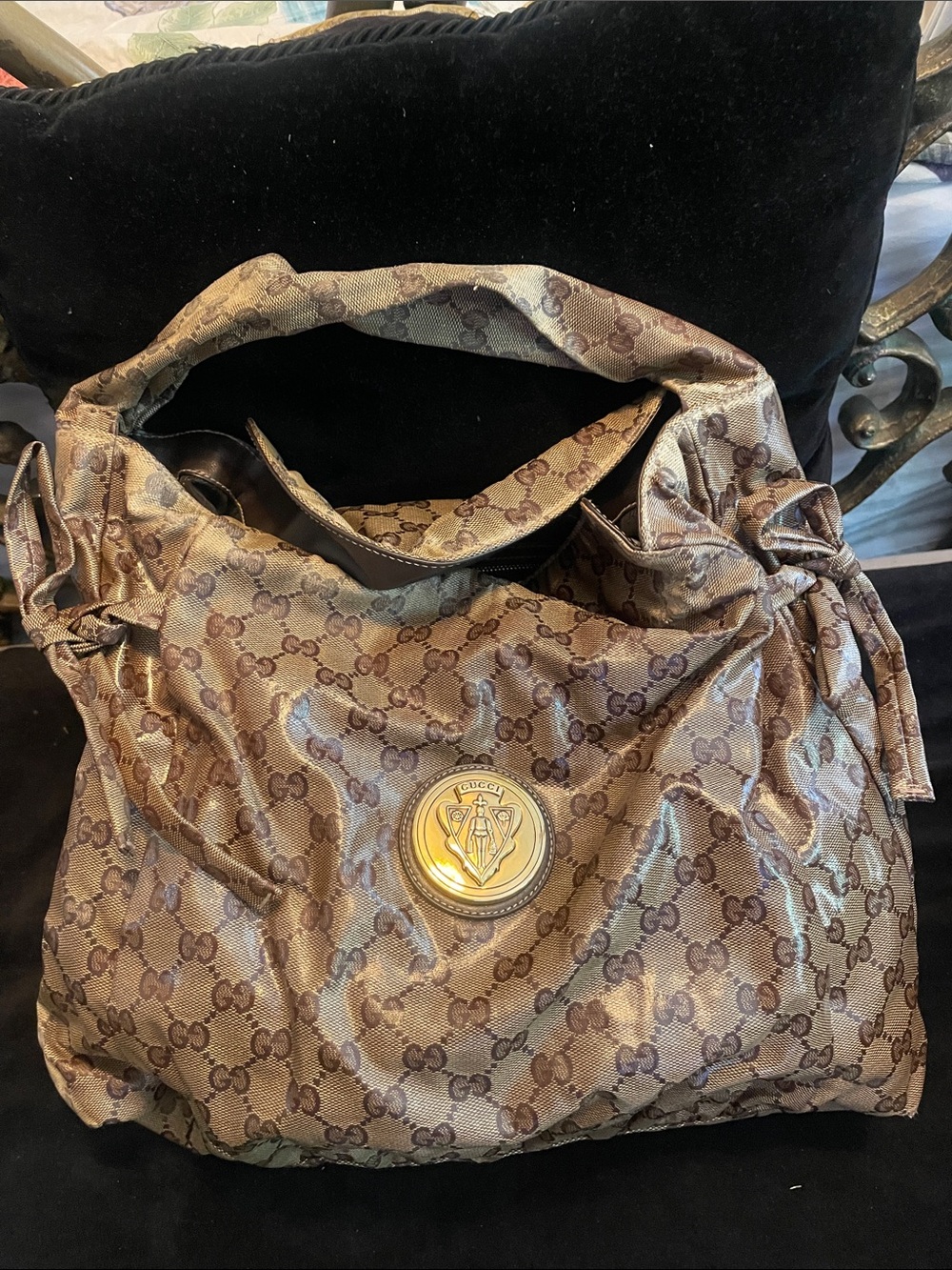 Gucci Brown Monogram Hobo with Gold Medallion